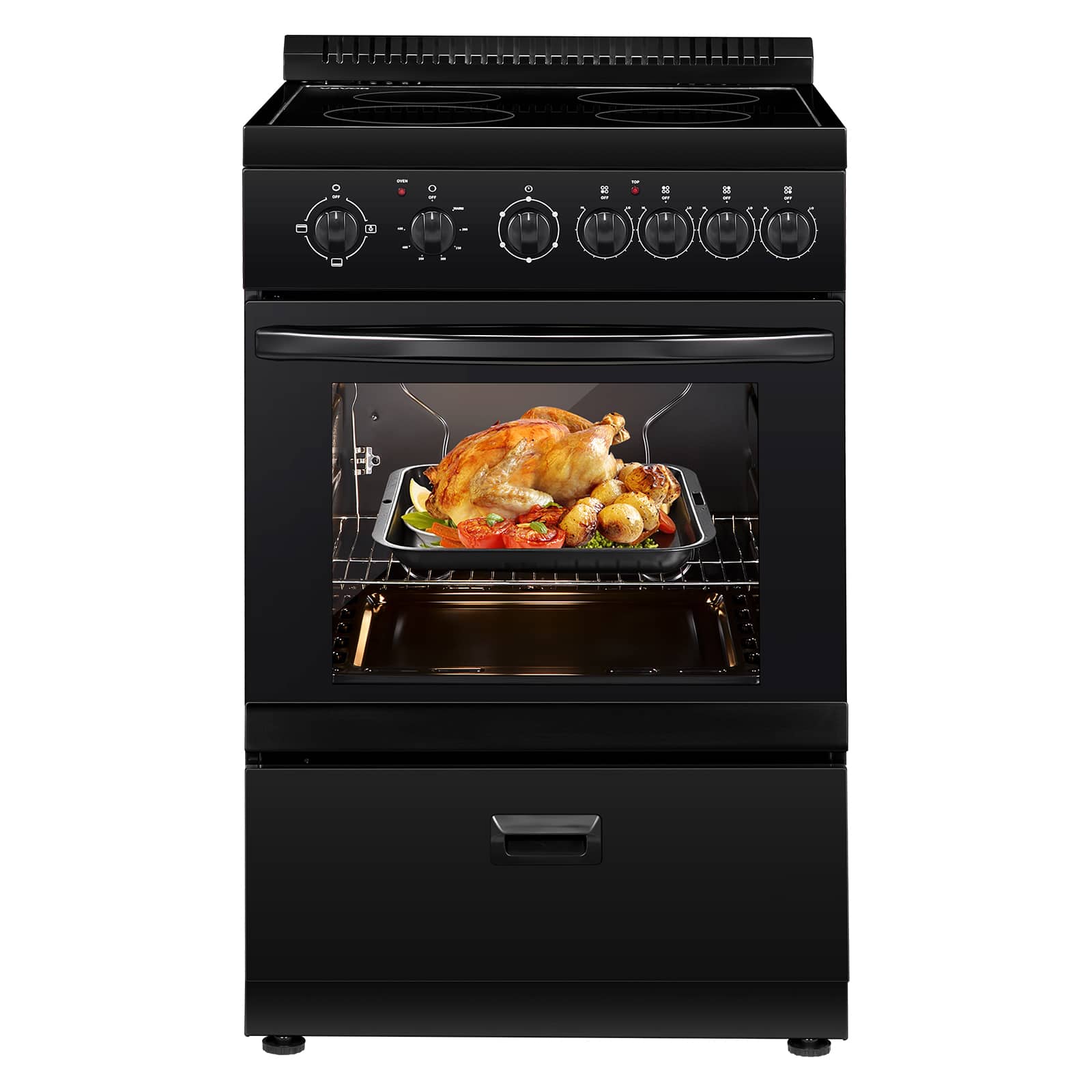 VEVOR - 24 in Electric Range Oven, 2.7 Cu. Ft. Capacity Compact Freestanding Oven, Stainless Steel Kitchen Stove with 4 Burners - Black