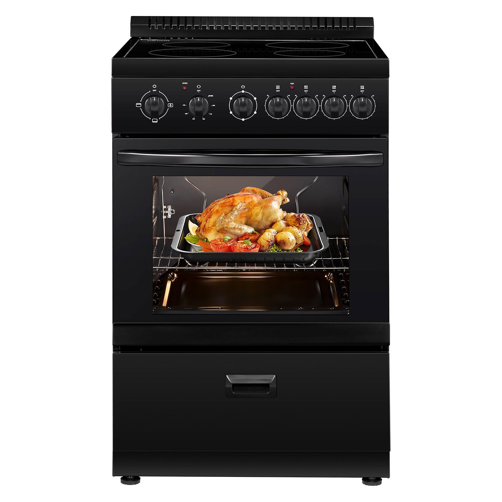 Front. VEVOR - 24 in Electric Range Oven, 2.7 Cu. Ft. Capacity Compact Freestanding Oven, Stainless Steel Kitchen Stove with 4 Burners - Black.