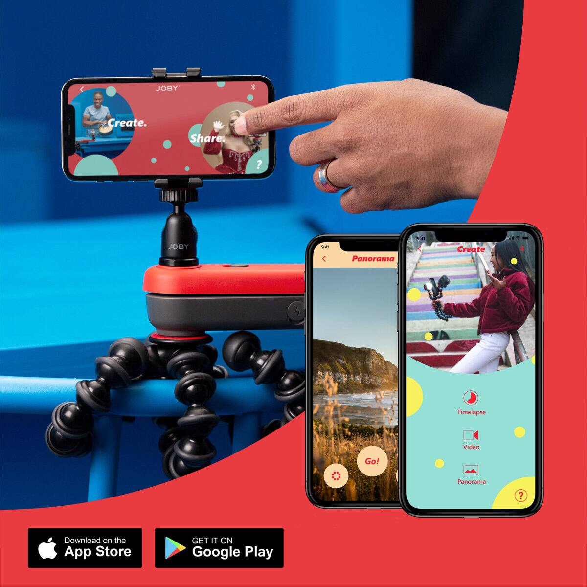 JOBY Create. Share.  
JOBY 1 Panorama  
Create 4 Timelapse Video Go!  
Panorama  
Download on the App Store  
GET IT ON Google Play