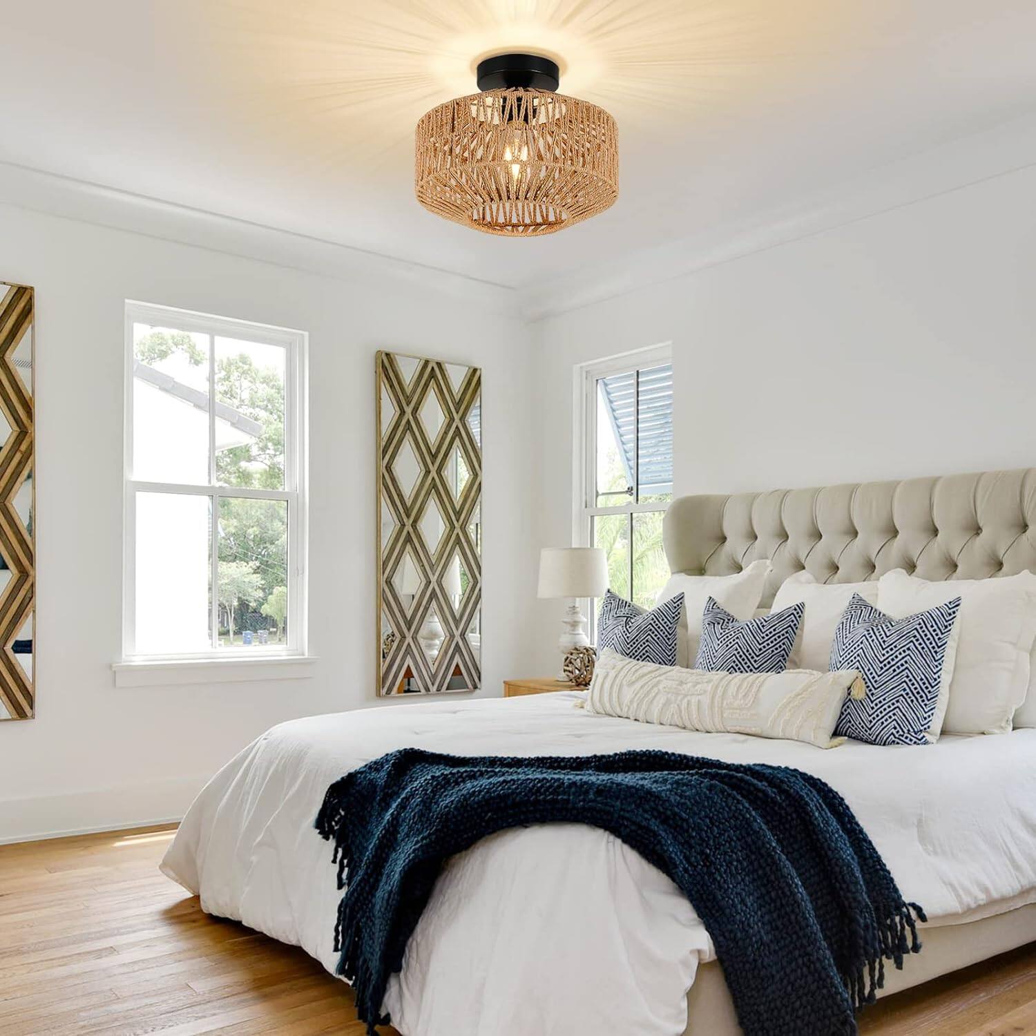 Alt View 4. MERAVOM - Boho Light Fixtures, Farmhouse Rattan Ceiling Light, Flush Mount with Hand-Woven Shade,Modern Chandelier for Living Room - Brown.