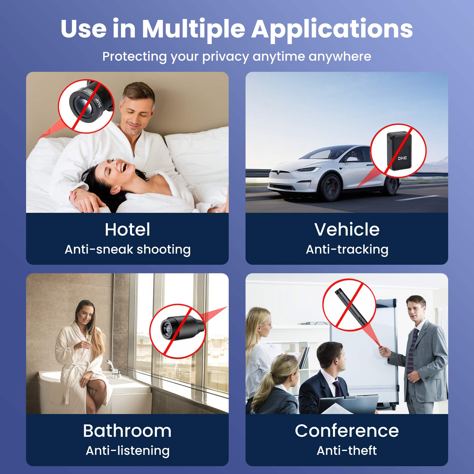 Use in Multiple Applications
Protecting your privacy anytime anywhere
Hotel
Anti-sneak shooting
Vehicle
Anti-tracking
Bathroom
Anti-listening
Conference
Anti-theft