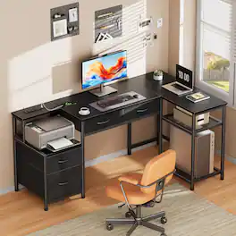 Furnulem - Computer Desk With Drawers Power Outlet Gaming Desk With Storage Shelves for Home Office Desk - Black