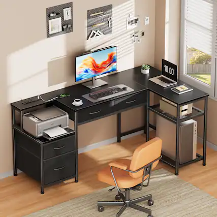 Front. Furnulem - Computer Desk With Drawers Power Outlet Gaming Desk With Storage Shelves for Home Office Desk - Black.