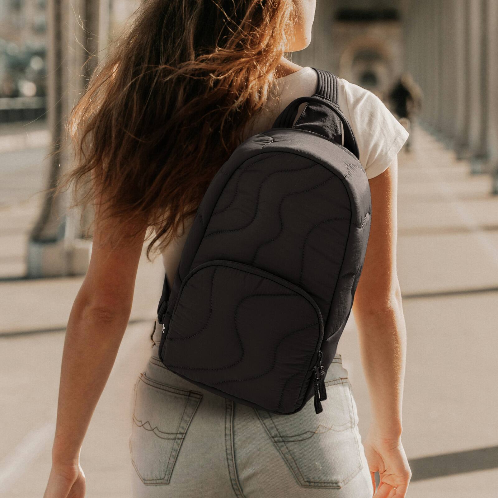 Left. tomtoc - Terra-T36 10L Crossbody Sling Bag Backpack for Women, Trendy Puffer Quilted Padded Bag, Lightweight Travel Chest Bag - Black.