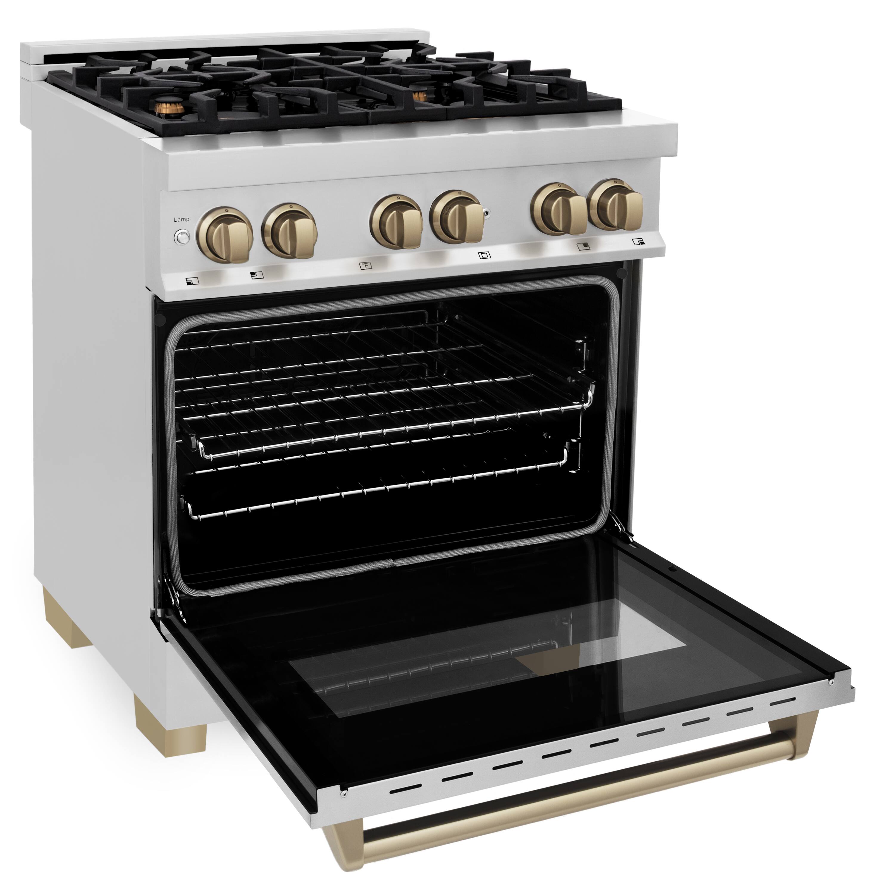 Left. ZLINE - Autograph 30" Legacy Dual Fuel Range w/ 4 Burners & Champagne Bronze Accents (RAZ-30-CB) - Stainless steel.
