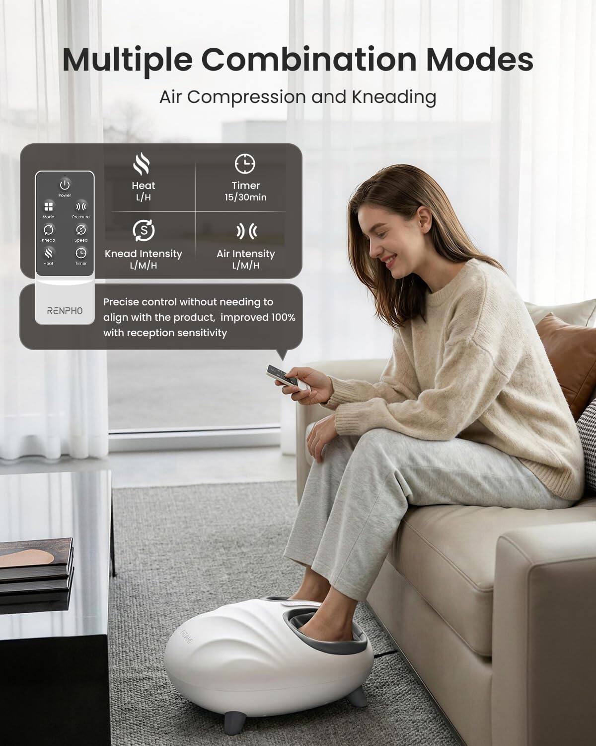 Multiple Combination Modes  
Air Compression and Kneading  

- Heat L/H  
- Timer 15/30min  
- Knead Intensity L/M/H  
- Air Intensity L/M/H  

Precise control without needing to align with the product, improved 100% with reception sensitivity