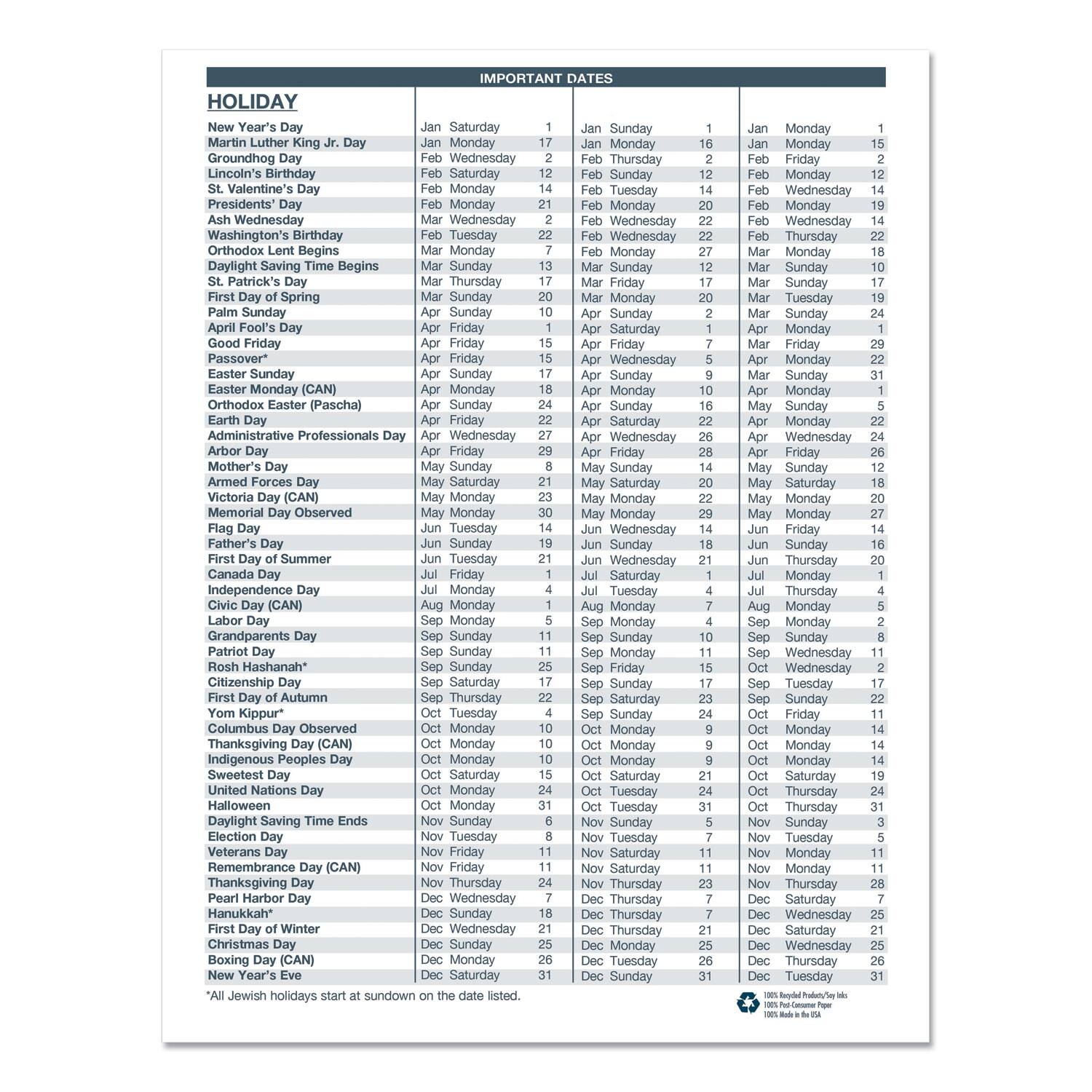 Sure, here is the corrected and grouped text from the image:

---

**HOLIDAY**

- New Year's Day: Jan 1, Saturday
- Martin Luther King Jr. Day: Jan 16, Monday
- Groundhog Day: Feb 2, Tuesday
- Lincoln's Birthday: Feb 12, Sunday
- St. Valentine's Day: Feb 14, Tuesday
- Ash Wednesday: Feb 22, Wednesday
- Washington's Birthday: Feb 20, Saturday
- Orthodox Lent Begins: Mar 1, Monday
- Daylight Saving Time Begins: Mar 12, Monday
- St. Patrick's Day: Mar 17, Friday
- First Day of Spring: Mar 20, Sunday
- Palm Sunday: Apr 1, Sunday
- Good Friday: Apr 6, Friday
- Easter Sunday: Apr 15, Sunday
- Easter Monday (CAN): Apr 16, Monday
- Orthodox Easter (Pascha): Apr 22, Sunday
- Earth Day: Apr 22, Friday
- Administrative Professionals Day: Apr 26, Tuesday
- Arbor Day: Apr 27, Wednesday
- Mother's Day: May