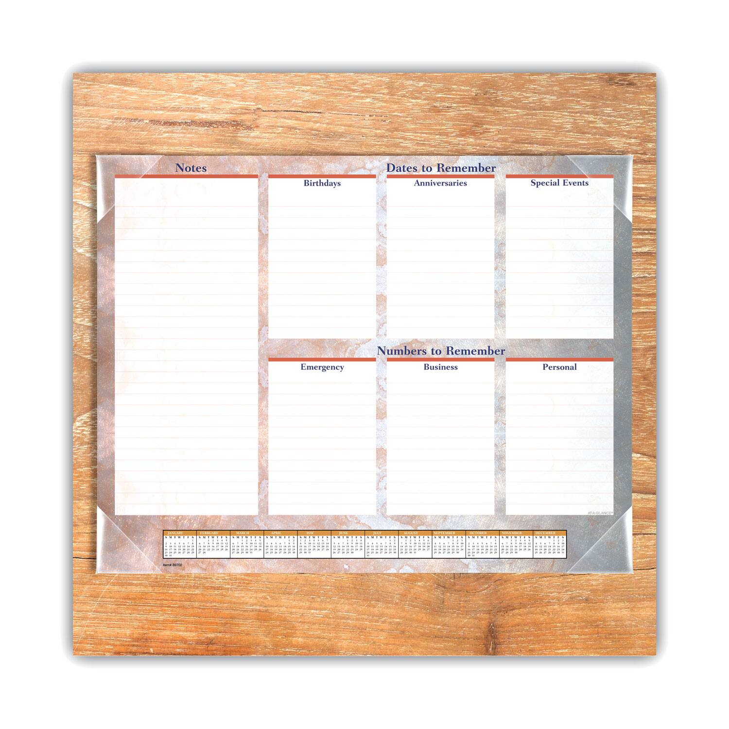 - Notes
- Birthdays
- Dates to Remember
  - Anniversaries
  - Special Events
- Numbers to Remember
  - Emergency
  - Business
  - Personal