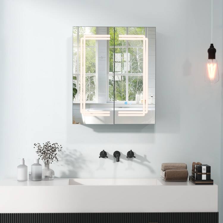 Left. SlickBlue - Wall-Mounted Bathroom Medicine Cabinet with Mirror, 2 Doors, and Lights - White.