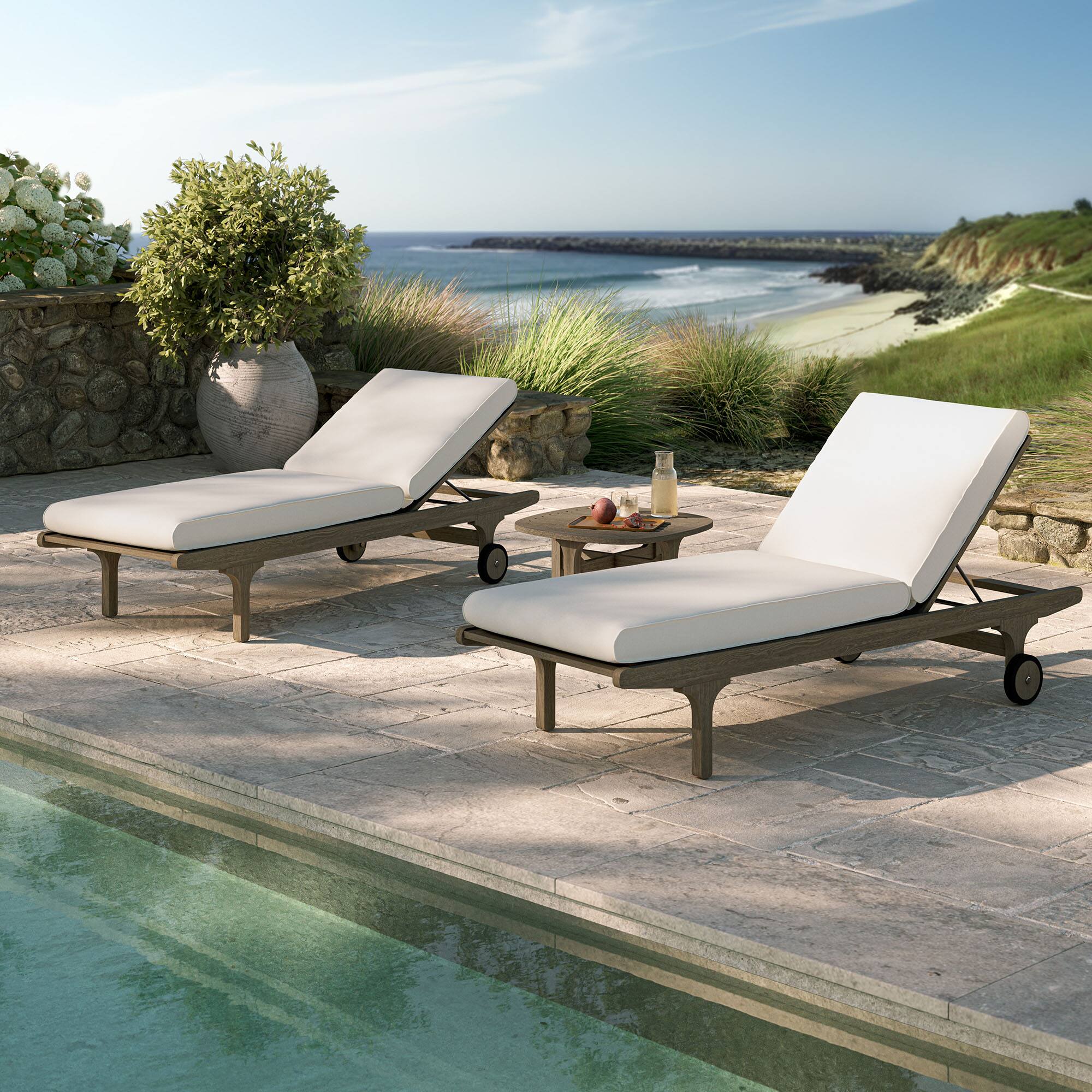 Alt View 6. Modway - Saratoga 3-Piece Teak Chaise Lounge Set - 2 Adjustable Chaise Lounges, Slatted Side Table - Weathered Gray White.