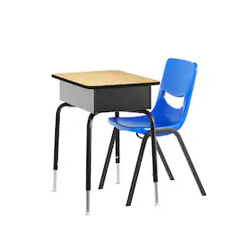 Emma + Oliver - Jacobs Desk/Chair Set with Metal Open Front Storage Box, Desktop, Metal Frame and Stackable Flex Comfort Classroom Chair - Natural Top/Navy Chair