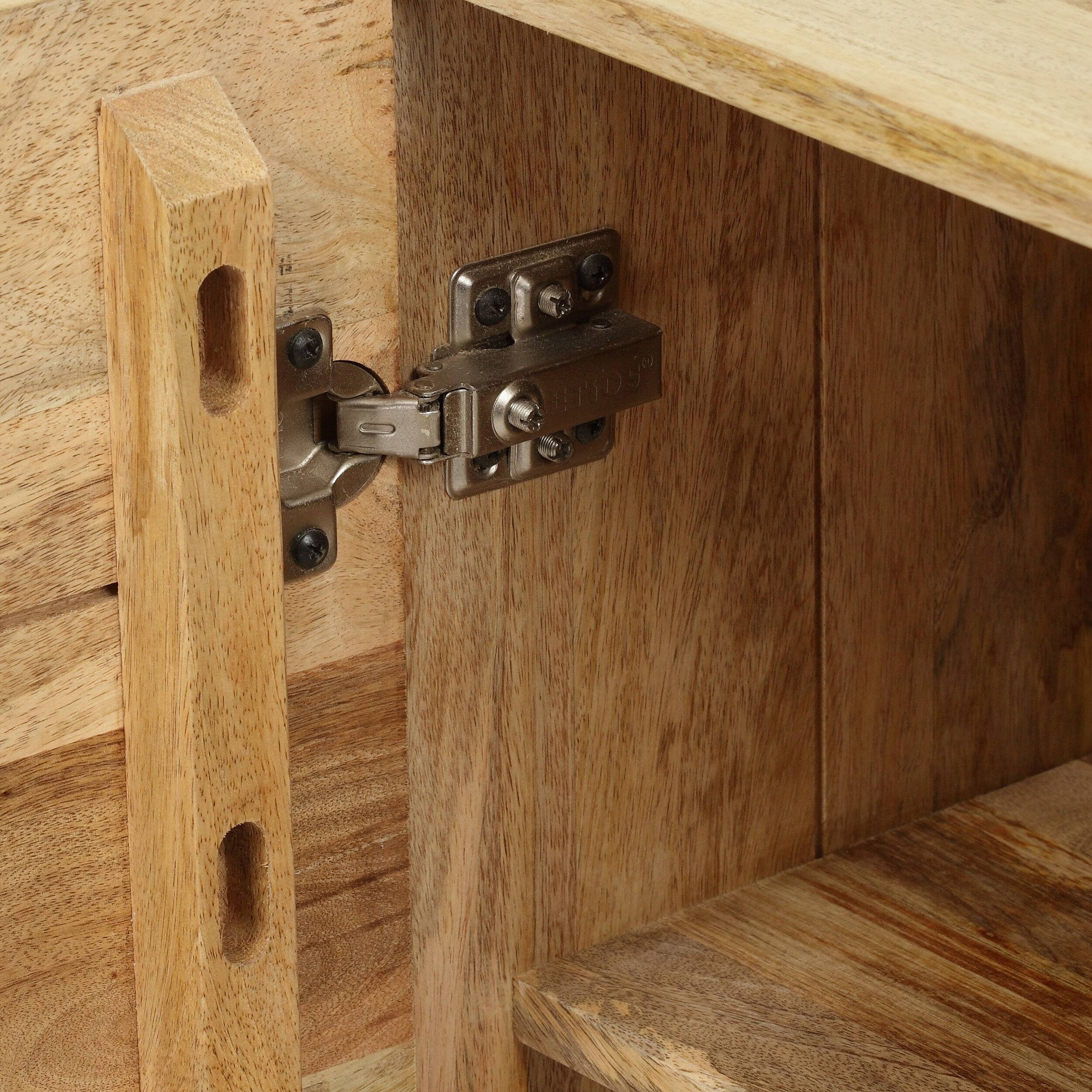 Alt View 1. Whisen - Modern Mango Wood Nightstand, Handcrafted Bedside Table with Wave-Design Door and Iron Legs - Natural.