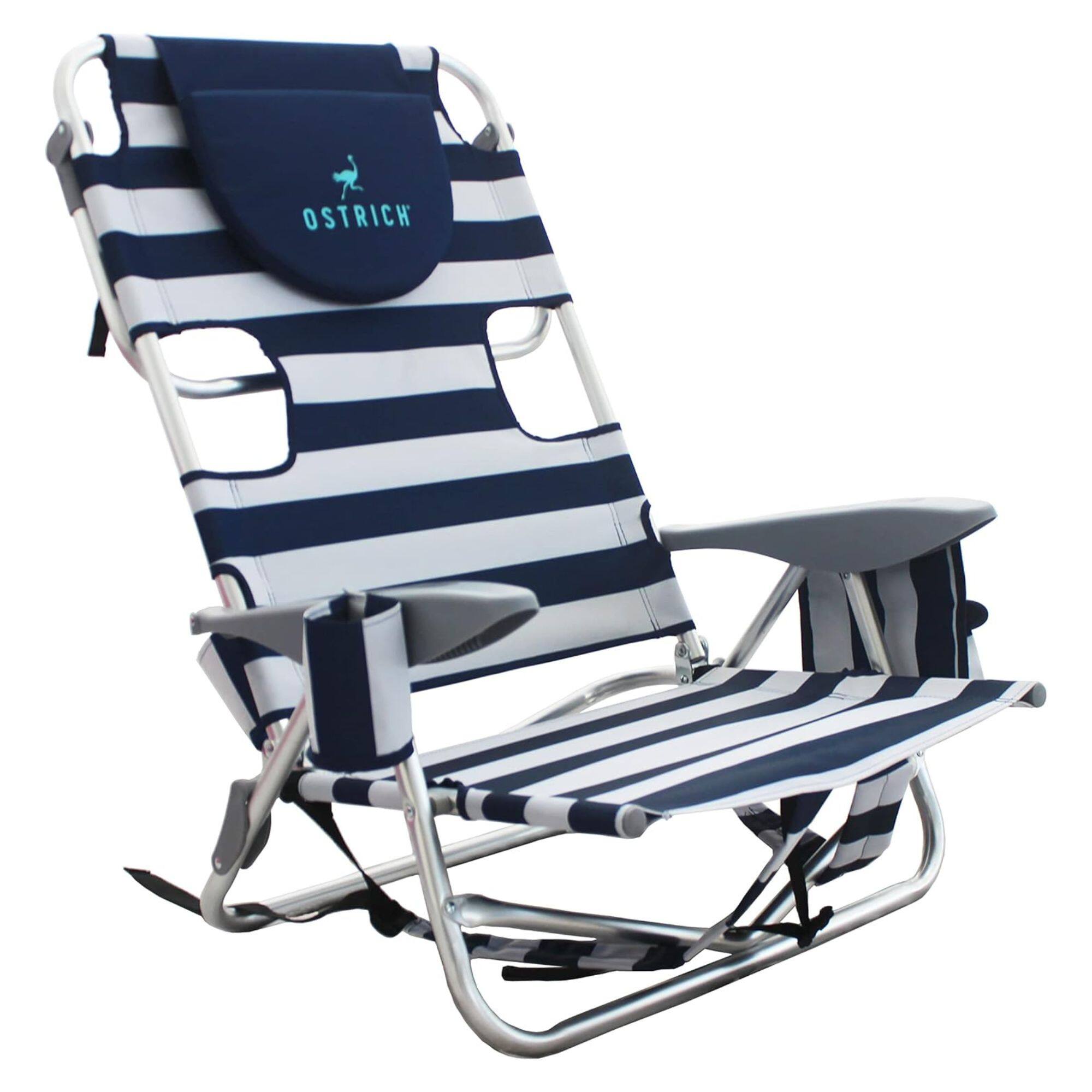 Front. Ostrich - Ostrich The Deluxe Backpacker Portable Beach Chair with Cooler Bag, Blue Stripe - Blue and White Striped.