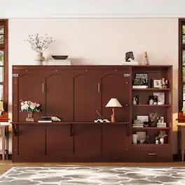 Anysun - Queen Size Multifunctional Foldable Murphy Bed with Height Adjustable Storage Compartments and Shelf, Drawer - Walnut
