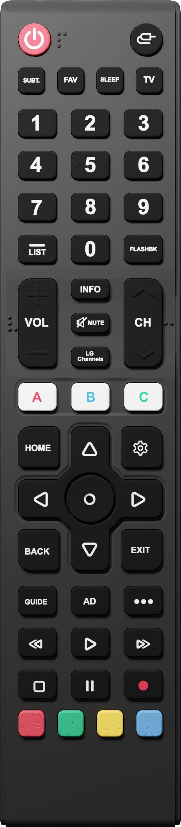 SUBT. FAV SLEEP TV 1 2 3 4 5 6 7 8 9 LIST 0 FLASHBK INFO VOL MUTE CH LG Channels A B C HOME BACK EXIT GUIDE AD
