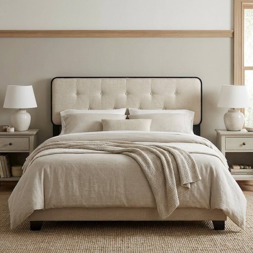 Left. FurniFact - Tufted Fabric Queen Headboard with Wood Frame and Classic Design - Black.