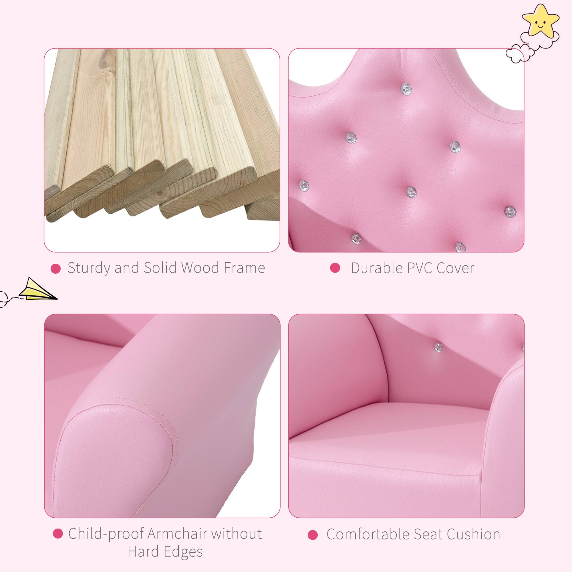 - Sturdy and Solid Wood Frame
- Durable PVC Cover
- Child-proof Armchair without Hard Edges
- Comfortable Seat Cushion