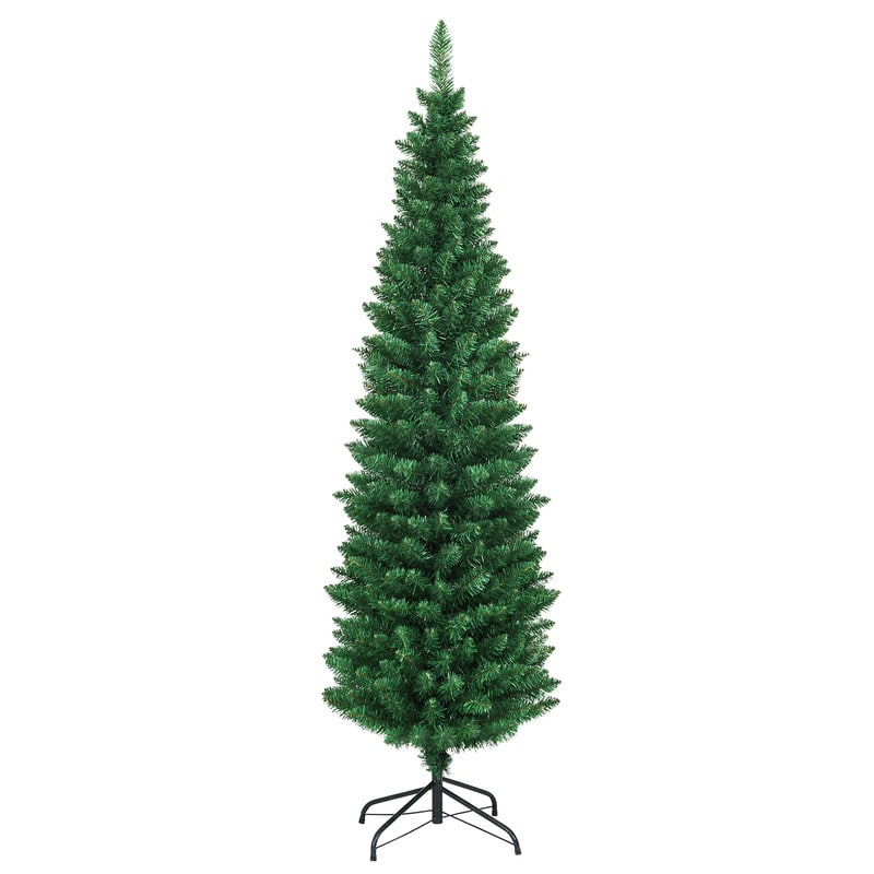 WELLFOR - 6 ft Artificial Christmas Tree, Hinged Slim Pencil Xmas Tree with Metal Stand - Green