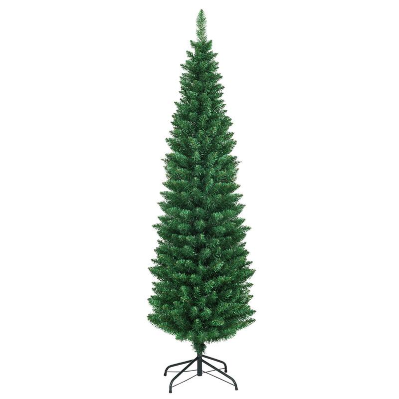Front. WELLFOR - 6 ft Artificial Christmas Tree, Hinged Slim Pencil Xmas Tree with Metal Stand - Green.