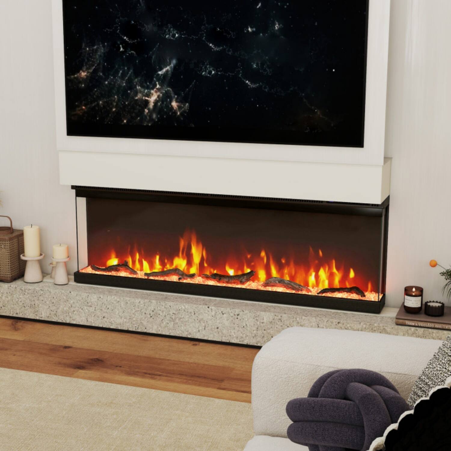 Angle. LUCKY ONE - 50 Inch 3-Sided Electric Fireplace Insert with 12 Flame Colors & Remote - Black.