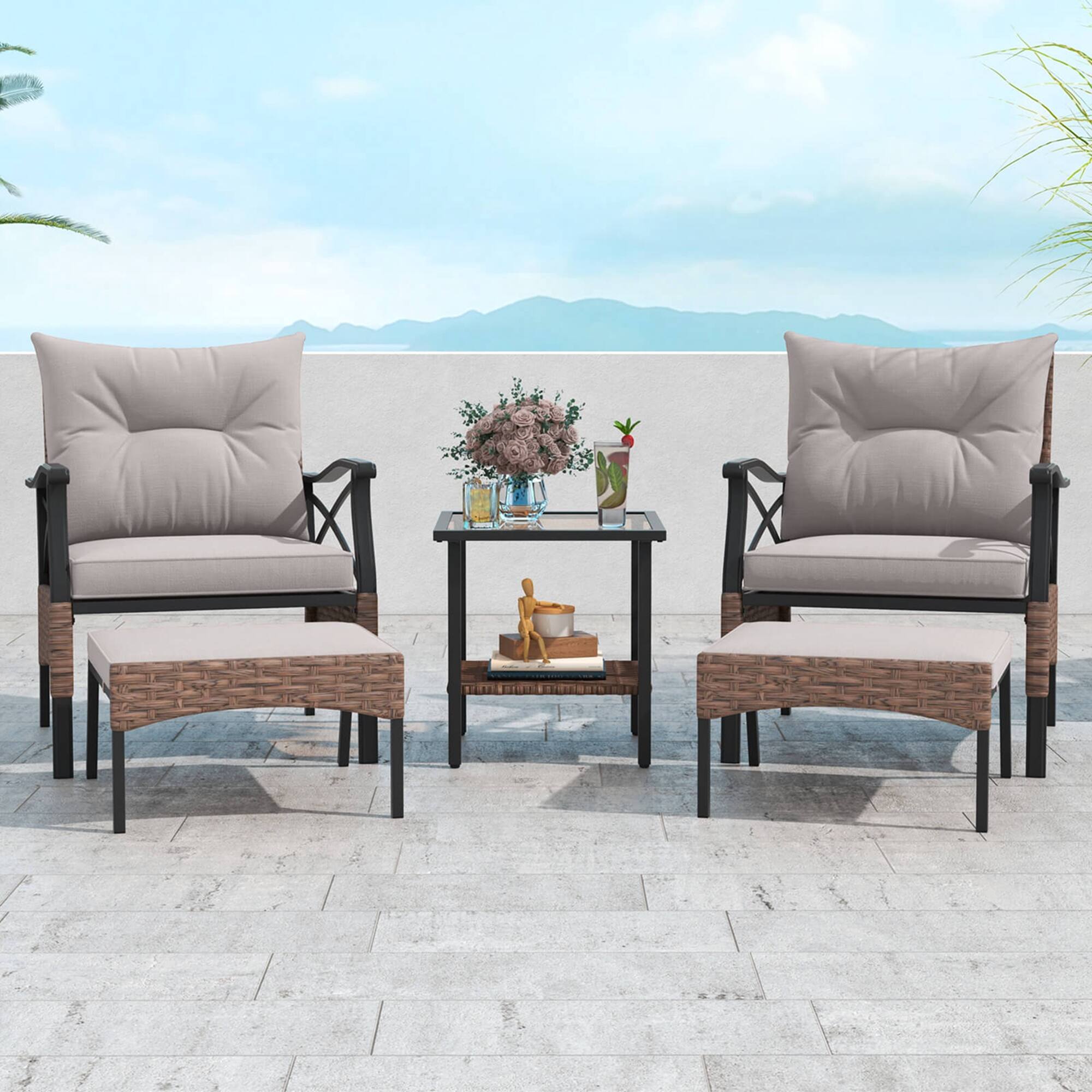 Alt View 4. Costway - 5 PCS Patio Furniture Set with 2-Tier Coffee Table & 2 Ottomans Cushions Included - Mix Brown + Grey.