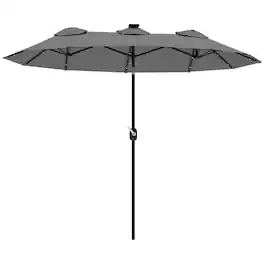 Outsunny - Double Sided Patio Umbrella, 9.7' Large Outdoor Market Umbrella with LED Solar Light, Tilt and Crank, 3 Air Vents - Gray