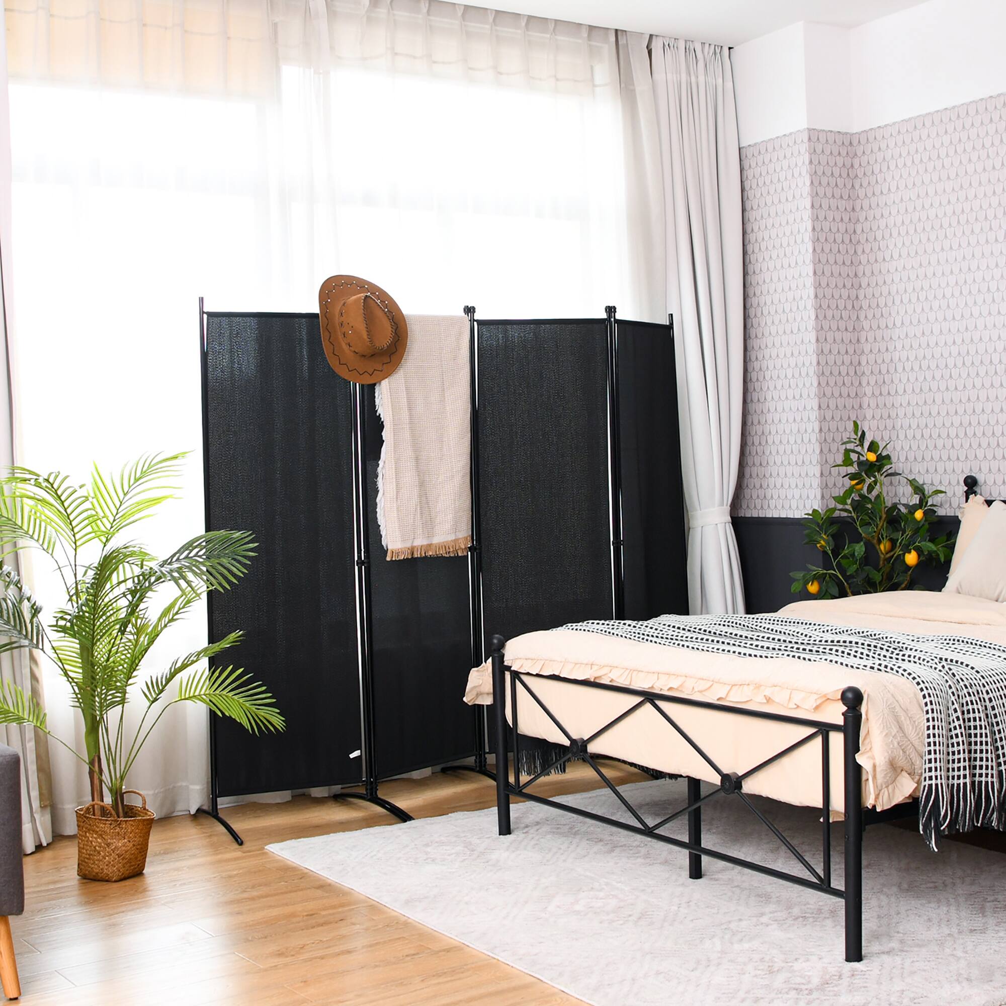 Alt View 2. Costway - Costway 4-Panel 5.6ft Room Divider Folding Fabric Privacy Screen w/Steel Frame - Black.