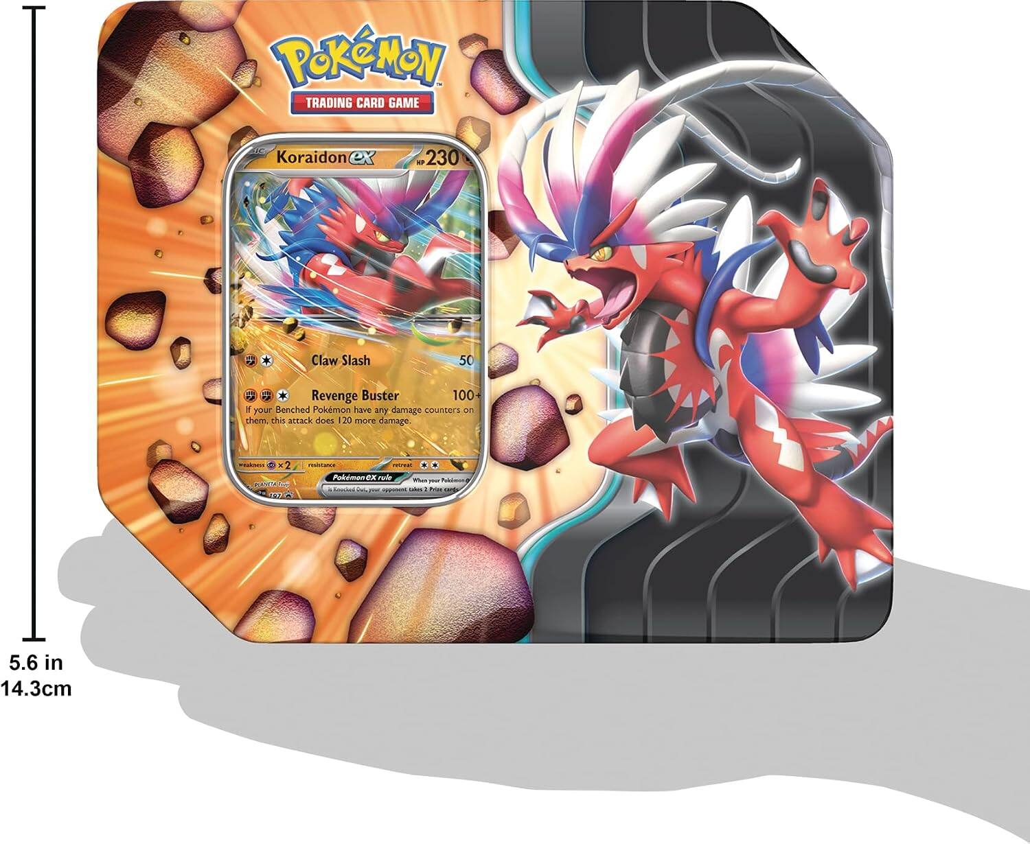 Pokémon Trading Card Game  
Koraidon ex  
KP230  
Claw Slash  
50  
Revenge Buster 100+  
If your Benched Pokémon have any damage counters on them, this attack does 120 more damage.  
Weakness: 9 x2  
GAM Tome JUZ  
reshnarez rebreas Pokémon ex rule FuleBrevery When gojople Knacked  
Rediate:2  
Price  
5.6 in  
14.3cm