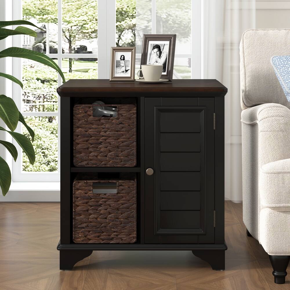 Front. Loheer - Loheer End Table with Woven Baskets Shutter Style Side Table Solid Wood Base - White.