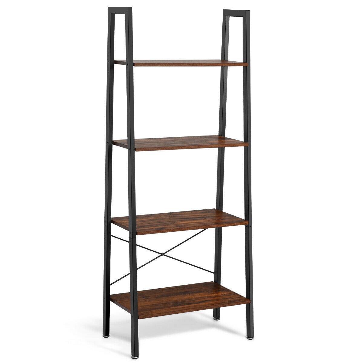 Alt View 5. Gymax - Gymax 4-Tier Ladder Shelf Ladder Bookcase Bookshelf Display Rack Plant Stand Wood - Brown + black.