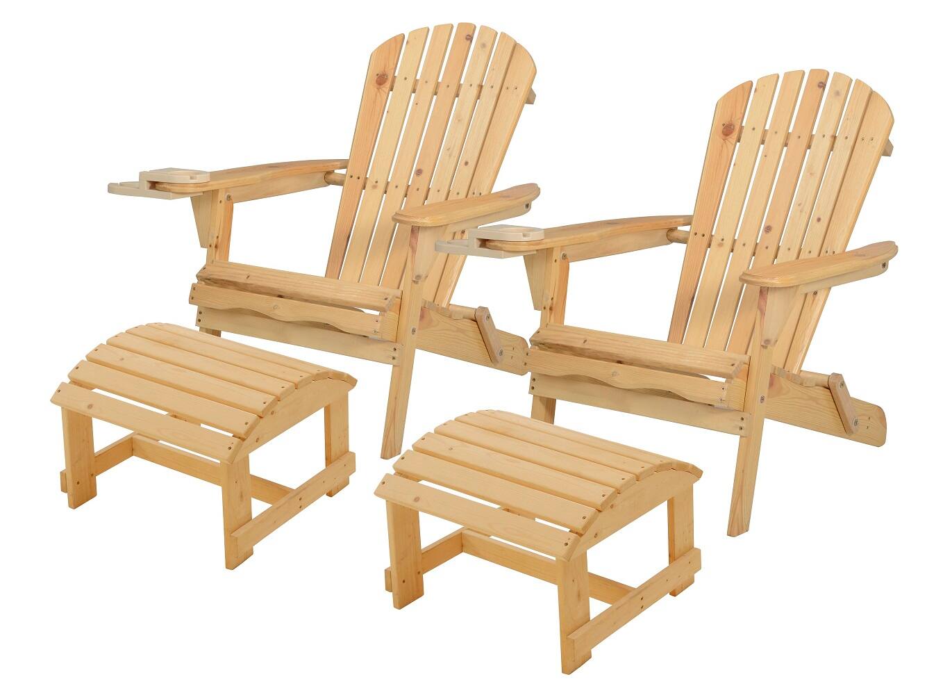 Angle. Jiallo - Foldable Adirondack Chair with cup holder Conversation Set, 2 Chairs with cup holders with Ottoman and 1 End Table - NATURAL.