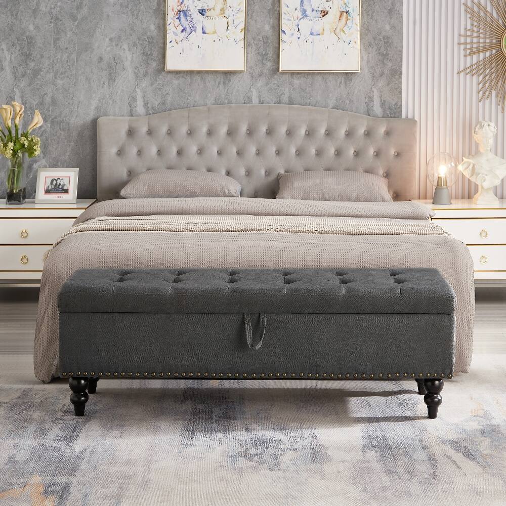 Angle. Ropilly - Ropilly Grey Fabric Storage Bench Tufted End of Bed Ottoman with Wooden Legs Heavy Duty Shoe Bench for Bedroom Hallway - Grey.