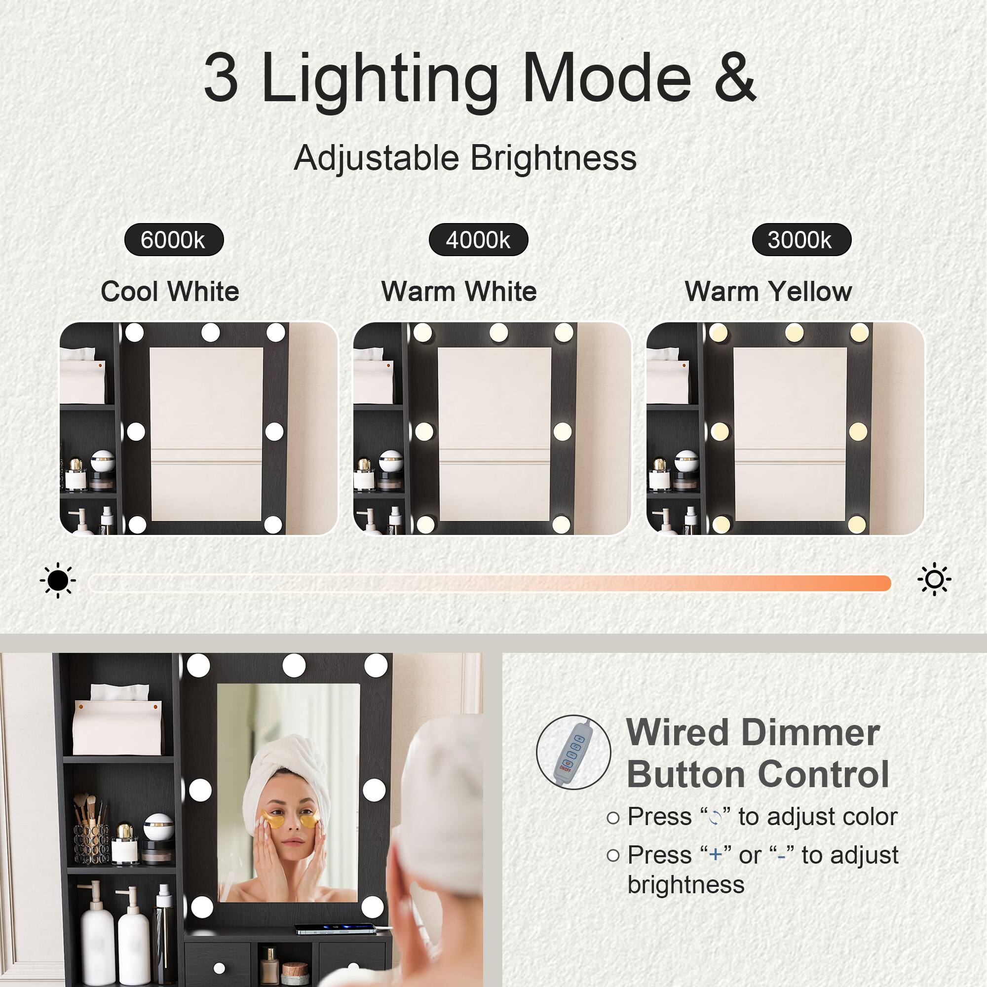 3 Lighting Mode & Adjustable Brightness

6000k Cool White  
4000k Warm White  
3000k Warm Yellow  

Wired Dimmer Button Control  
- Press "3" to adjust color  
- Press "+" or "-" to adjust brightness