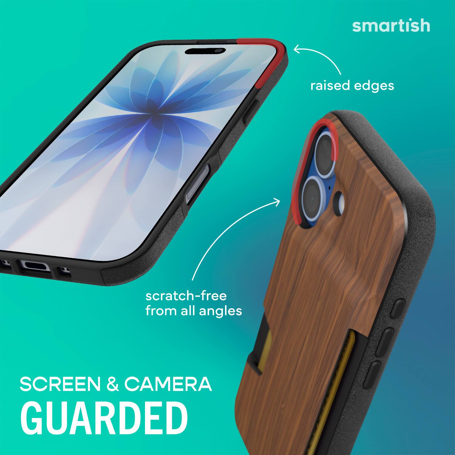 smartish  
raised edges  
scratch-free from all angles  
SCREEN & CAMERA GUARDED