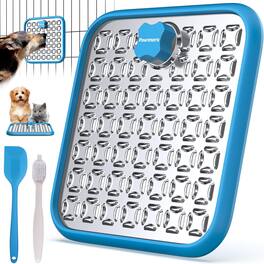 Pawtners - Stainless Steel Dog Lick Mat for Large Dogs with Spatula & Brush – Slow Feeder for Anxiety, Boredom & Crate Use - Blue