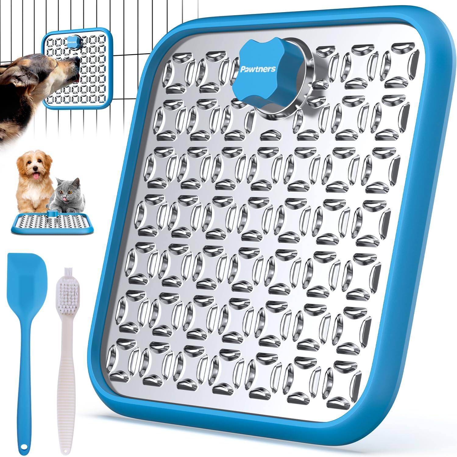 Front. Pawtners - Stainless Steel Dog Lick Mat for Large Dogs with Spatula & Brush – Slow Feeder for Anxiety, Boredom & Crate Use - Blue.