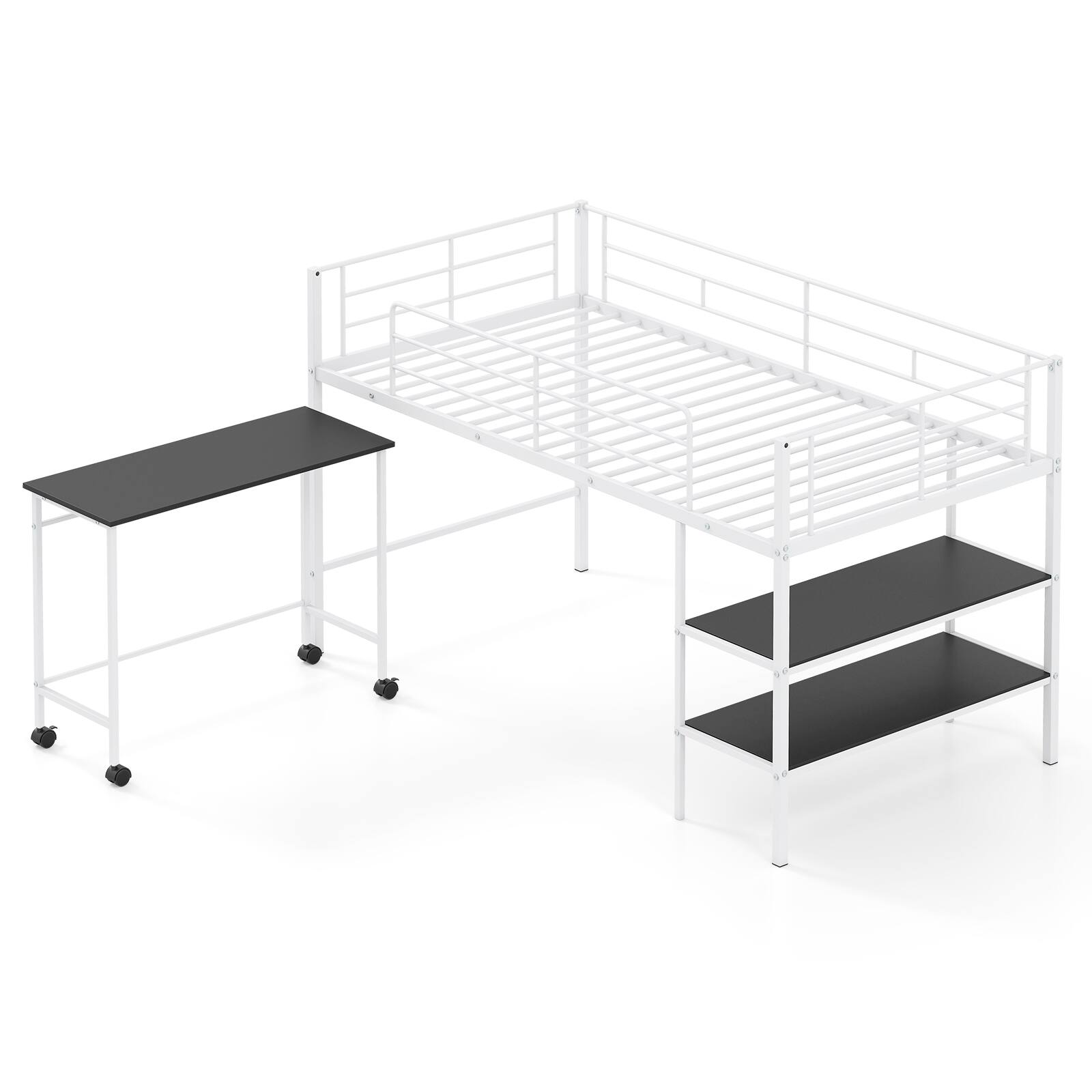 Alt View 9. Gymax - Gymax Twin Size Loft Bed w/Rolling Desk & Bookshelf Metal Slats for Bedroom Dormitory White - White.