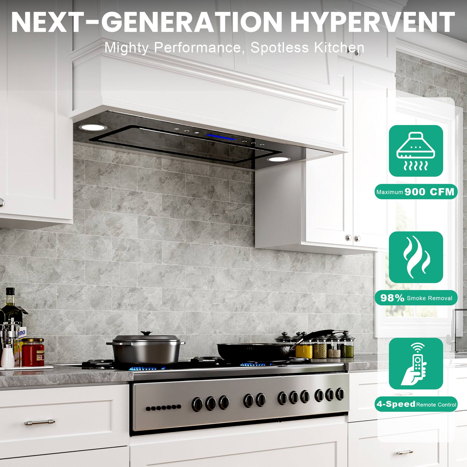 NEXT-GENERATION HYPERVENT  
Mighty Performance, Spotless Kitchen  

- Maximum 900 CFM  
- 98% Smoke Removal  
- 4-Speed Remote Control
