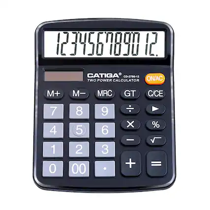 1234567890 12 CATIGA CD-2786-12 TWO POWER CALCULATOR ON/AC M+ M- MRC GT C/CE 7 4 1 0 8 5 2 00 9 6 3 X + % =