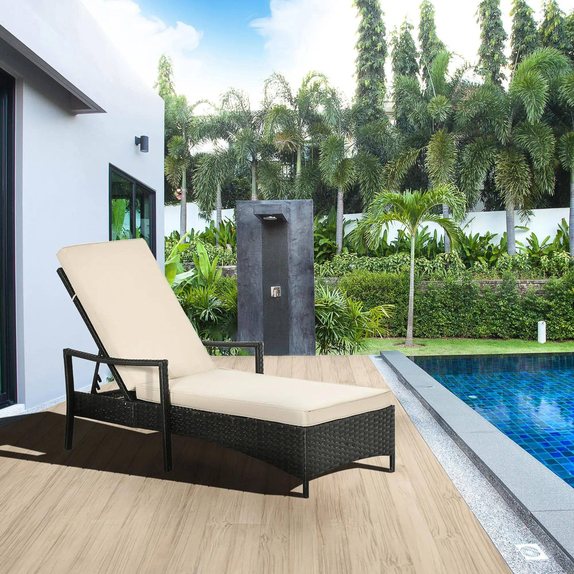 Left. Resenkos - Resenkos Versatile Lounge Chair, 4-Way Adjustable Backrest & Cushions, PE Rattan Sun Lounger, Beige - Beige.