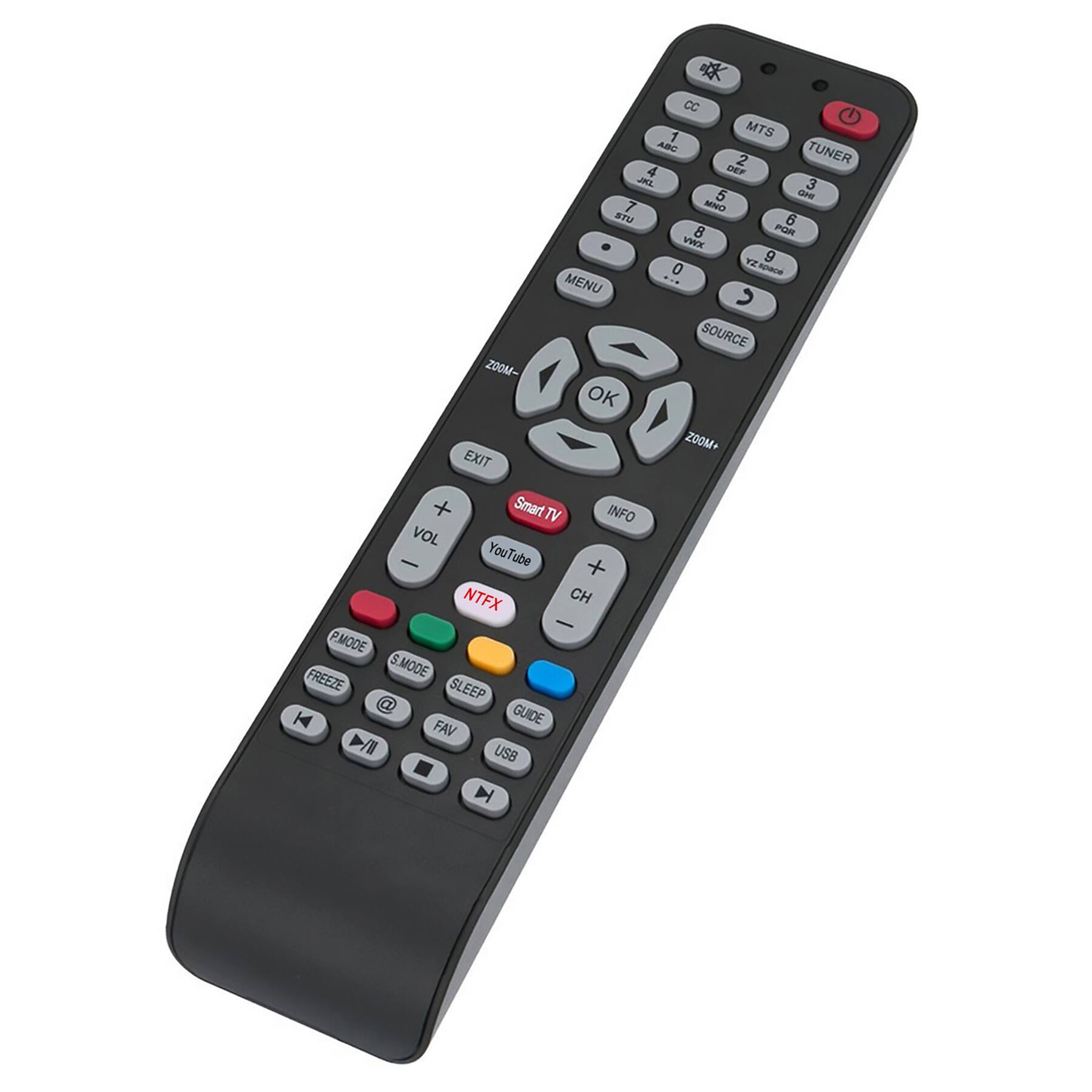 Sure, here is the corrected and grouped text from the image:

**Top Section:**
- CC
- MTS
- TUNER
- 1 ABC
- 2 DEF
- 3 GHI
- 4 JKL
- 5 MNO
- 6 PQR
- 7 STU
- 8 VWX
- 9 YZ
- 0
- MENU
- SOURCE
- OK
- 200M+
- INFO

**Middle Section:**
- Smart TV
- VOL
- EXIT
- YouTube
- NTFX
- CH
- P MODE
- S MODE
- FREEZE
- SLEEP
- FAV
- GUIDE
- USB

**Bottom Section:**
- ZOOM-
- ZOOM+
- TV
- INFO
