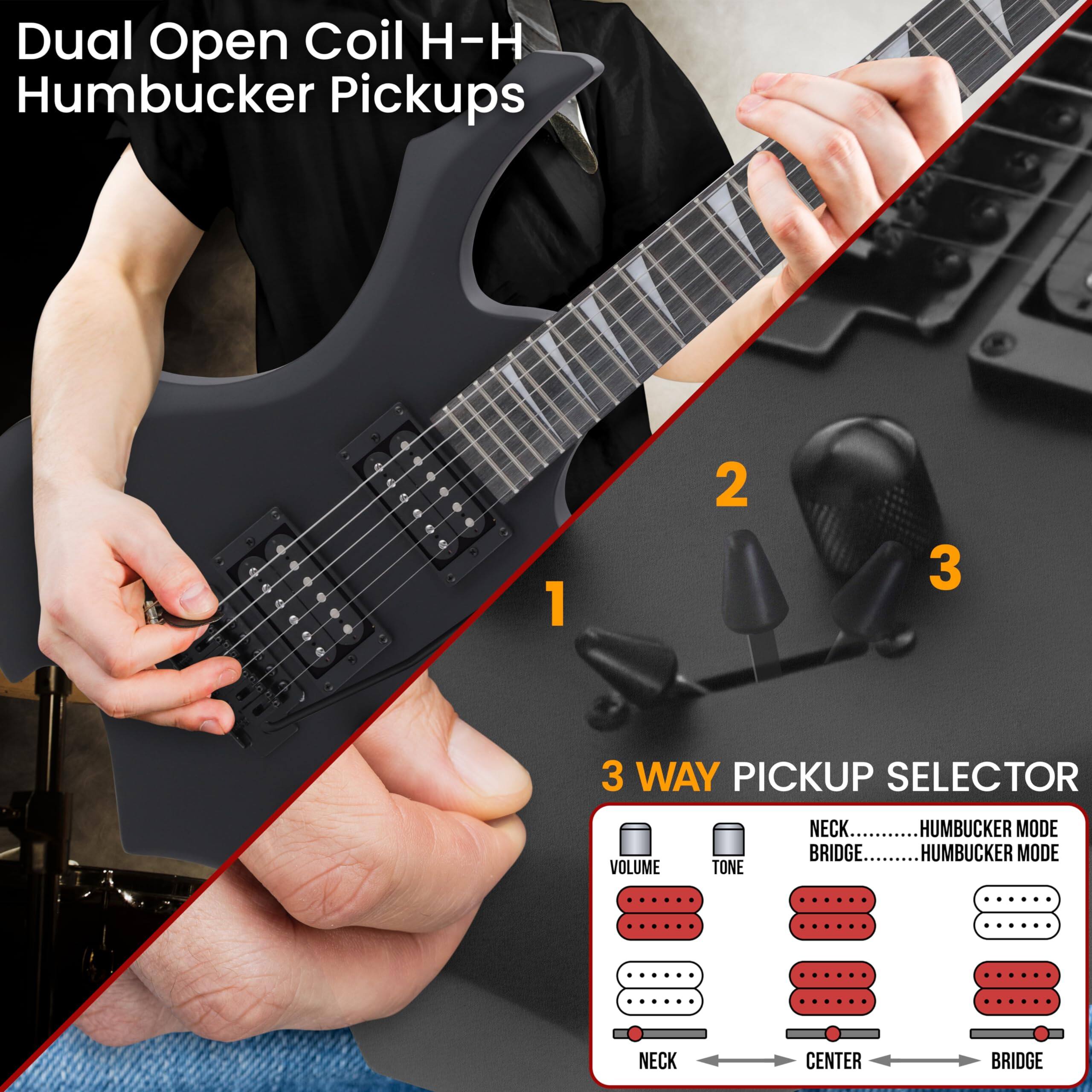 Dual Open Coil H-H Humbucker Pickups

1. 3 WAY PICKUP SELECTOR
2. VOLUME
3. TONE

NECK - HUMBUCKER MODE
CENTER
BRIDGE - HUMBUCKER MODE