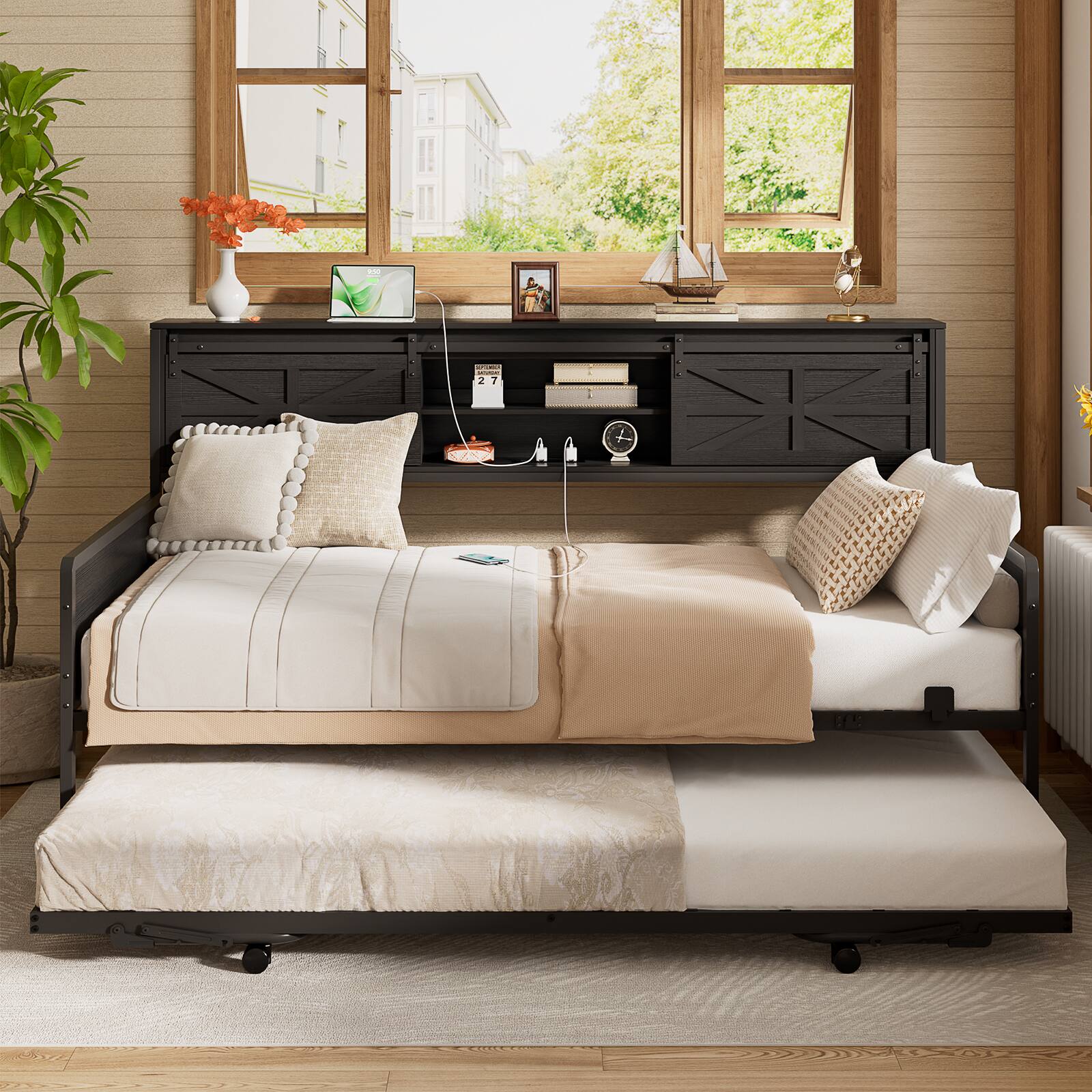 Back. Aheaplus - Farmhouse Twin Daybed With Bookcase Headboard & Charging Station - Trundle Sofa Bed Frame, Space-Saving - Black.