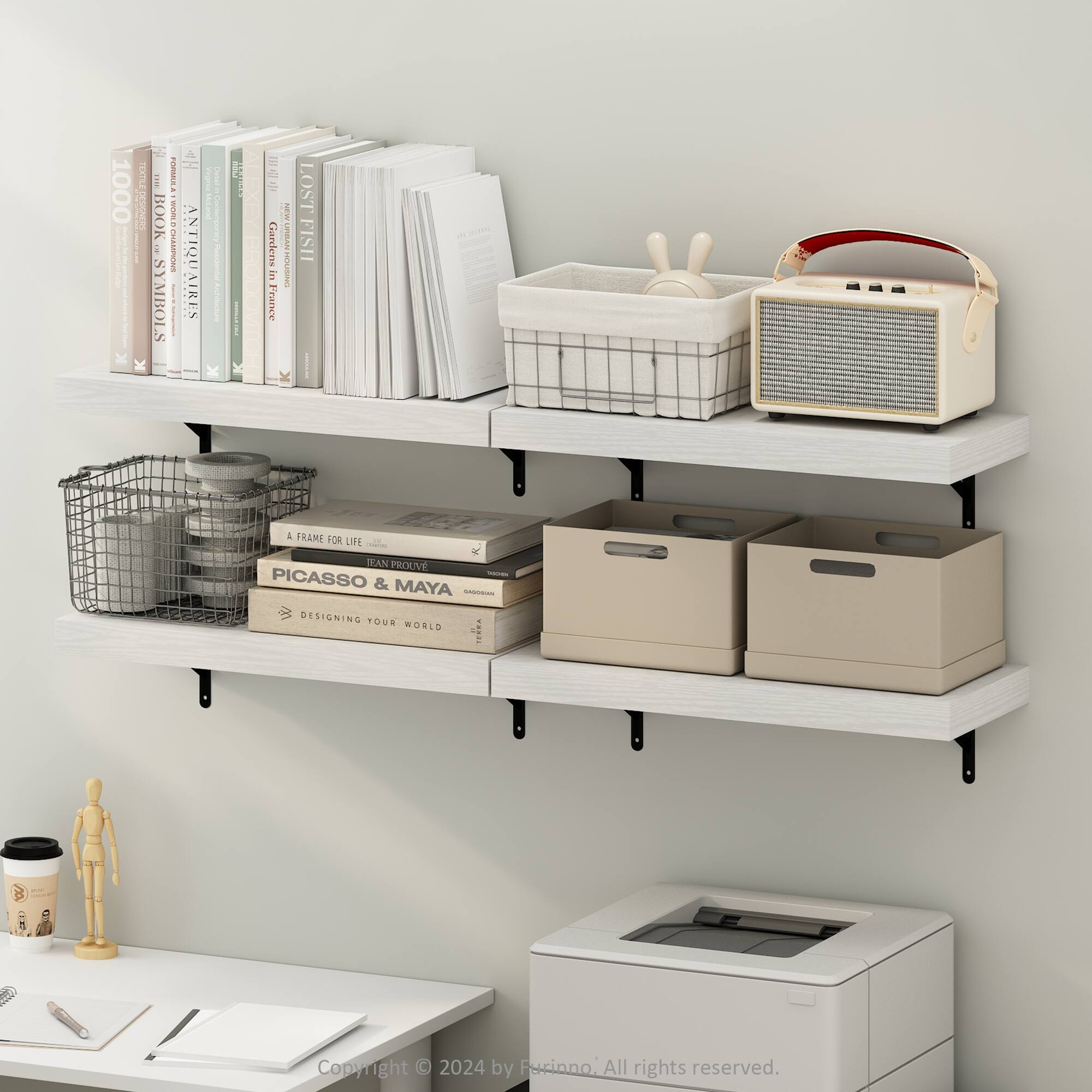 Sure, here is the corrected and grouped text:

---

**Books:**
- 1000 TELE DESOMS
- BOOKS ON SYMBOLS
- BOOKS ON SQUARES
- LOST FISH
- A FRAME FOR LIFE
- PICASSO & MAYA
- DESIGNING YOUR WORLD

**Other Text:**
- Copyright © 2024 by Furinno, All rights reserved.

---

This text is based on the visible titles and text in the image.