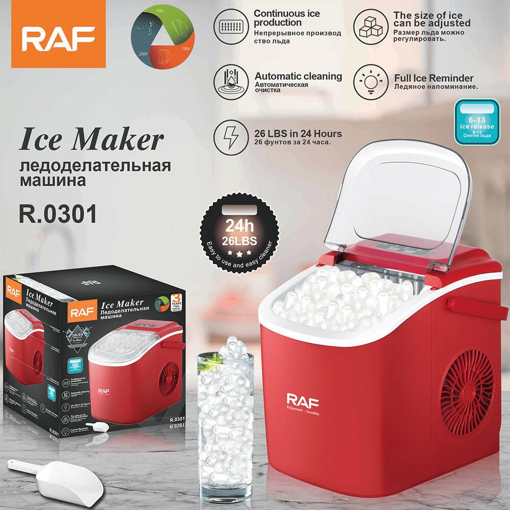 **RAF Ice Maker**

- Continuous ice production
- The size of ice can be adjusted
- Automatic cleaning
- Full Ice Reminder
- 26 LBS in 24 Hours
- 6-13 Ice release
- 24h 26LBS

**Features:**
- RAF R.0301
- 26 фунтов за 24 часа
- Ледяное напоминание
- Автоматическая очистка
- Непрерывное производство льда
- Размер льда можно регулировать

**Specifications:**
- Voltage: 100V, 220V
- Power: 100W

**RAF Ice Maker**
- RAF R.0301
- 26LBS in 24h
- 6-13 Ice release
- Easy to use and easy to clean

**RAF Enjoyment - Goodlife**