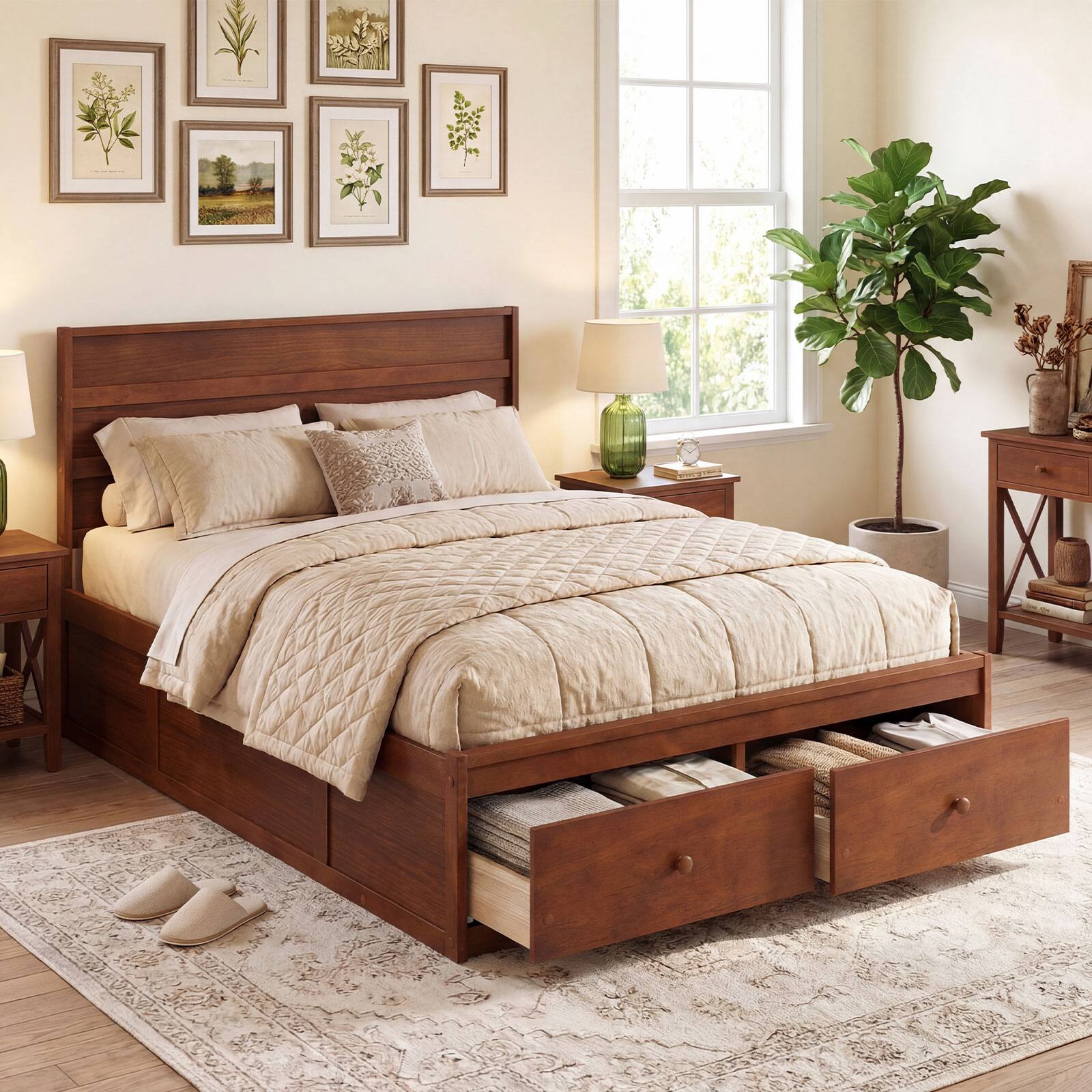 Alt View 1. Gymax - Gymax Full Size Bed Frame w/Storage Drawers Headboard Wooden Slat Support Walnut - Brown.