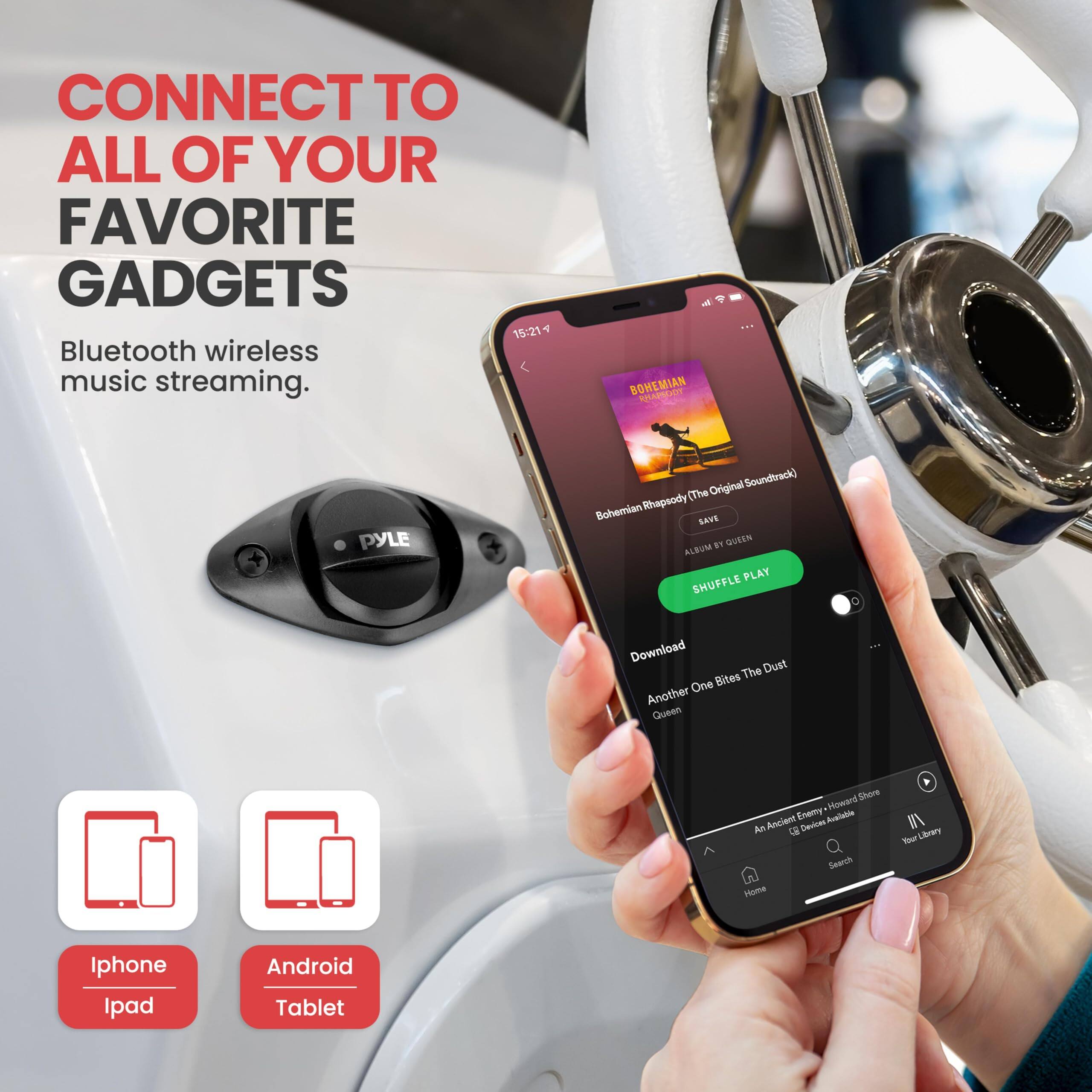 CONNECT TO ALL OF YOUR FAVORITE GADGETS  
Bluetooth wireless music streaming.  

15:21  
BOHEMIAN RHAPSODY (The Original Soundtrack)  
SAVE  
BT QUBEN ALBUM PLAY  
SHUFFLE  
Download  
Another One Bites The Dust  
Queen  

Iphone Ipad  
Android Tablet