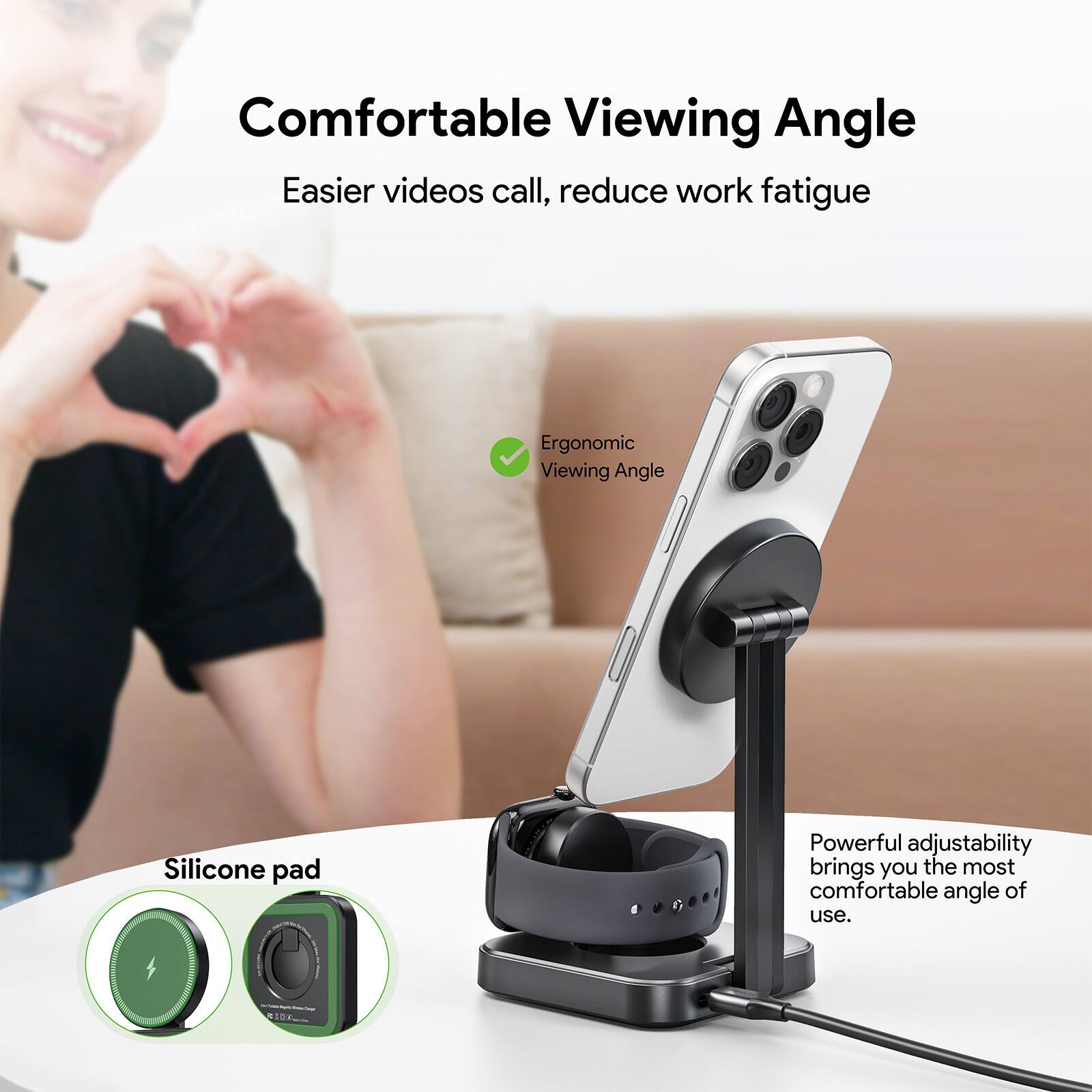 Comfortable Viewing Angle, Easier videos call, reduce work fatigue, Ergonomic Viewing Angle, Silicone pad, Powerful adjustability brings you the most comfortable angle of use.