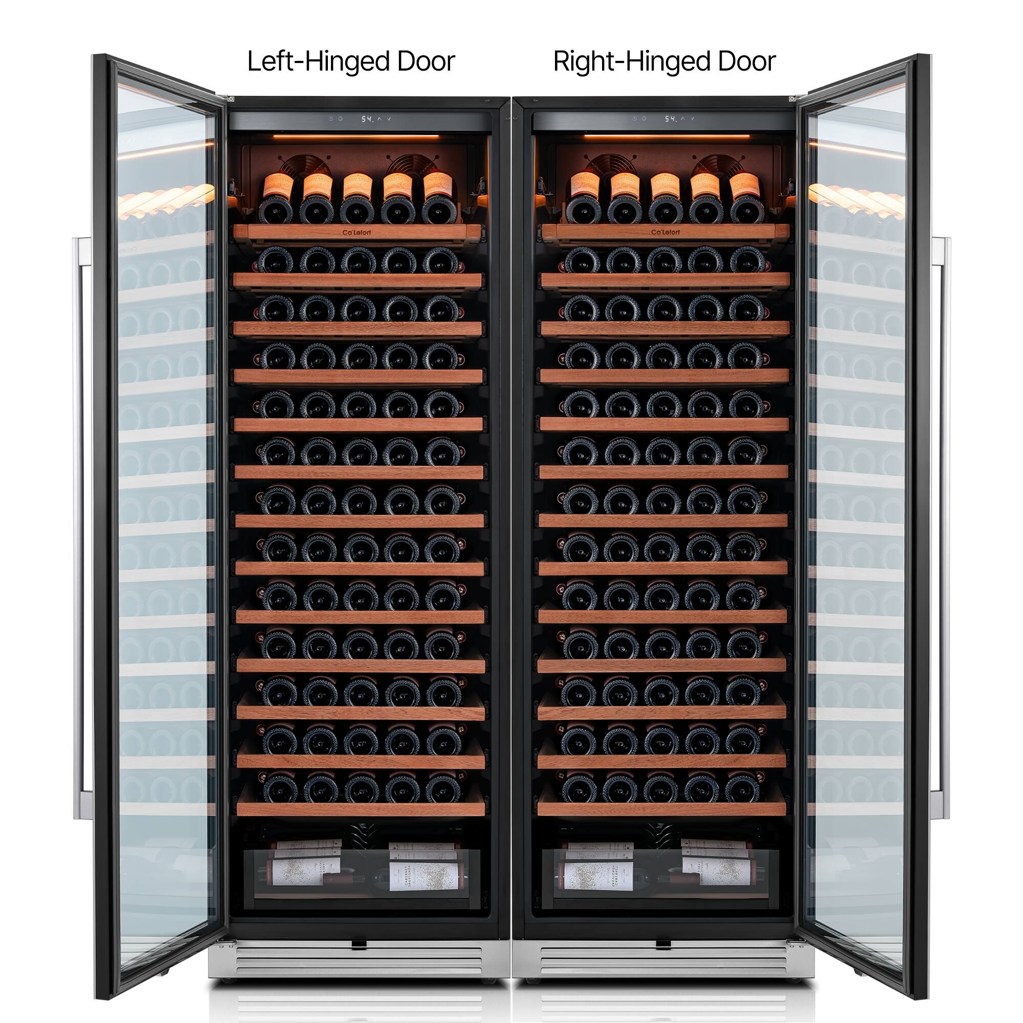 Left. Ca'Lefort - 48 inch 332-Bottle Wine Cooler Refrigerator  Freestanding/Built-In stainless steel  For Home Bar combo pacK - stainless steel.