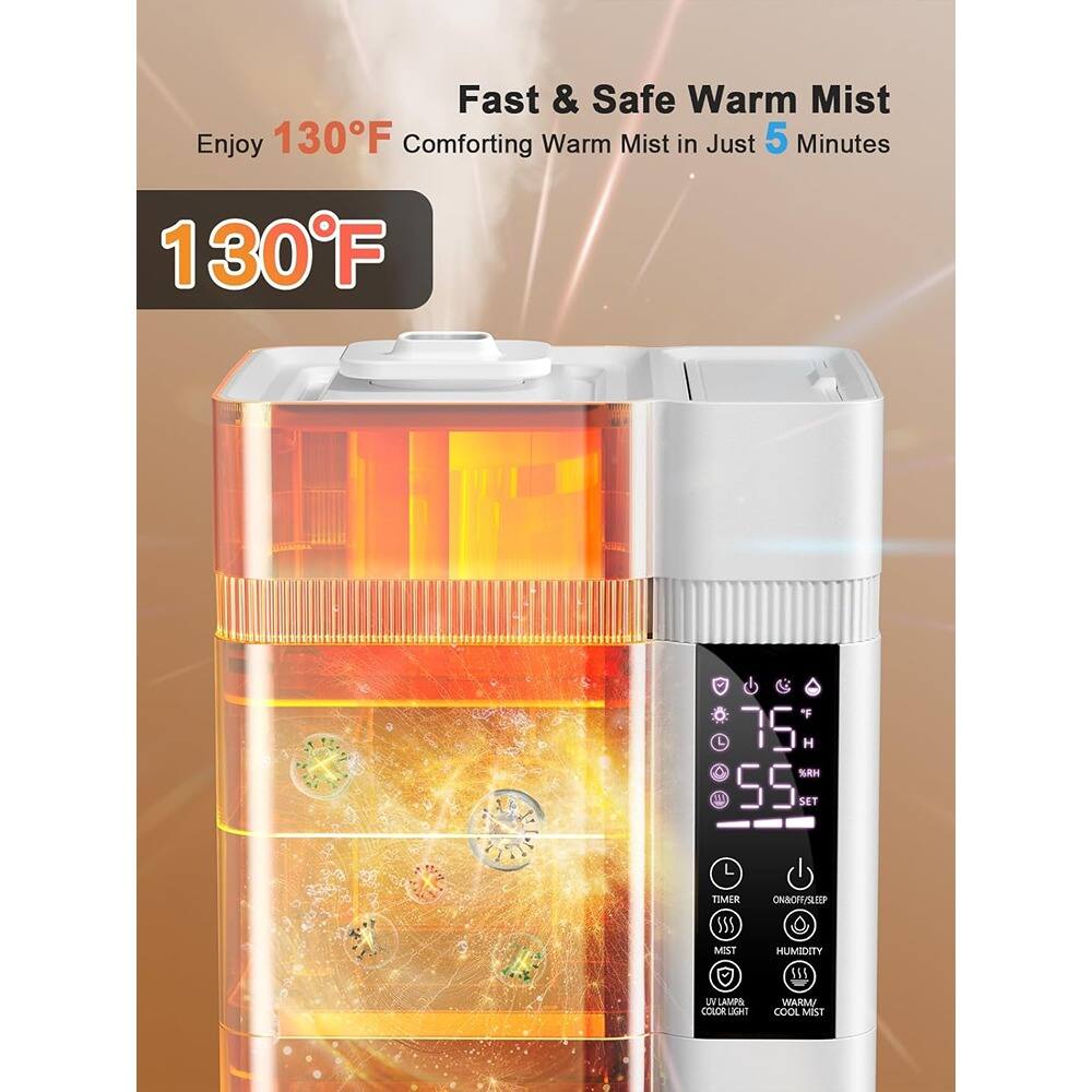 Fast & Safe Warm Mist  
Enjoy 130°F Comforting Warm Mist in Just 5 Minutes  

130°F  

75°F  
55% RH  
SET  

TIMER  
ON/OFF/SLEEP  
MIST  
HUMIDITY  
UV LAMP  
WARM/COOL MIST  
COLOR LIGHT